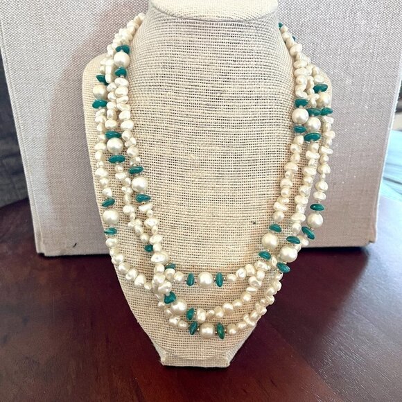 Long Imitation Pearl and Turquoise Beaded Necklace - Picture 2 of 9